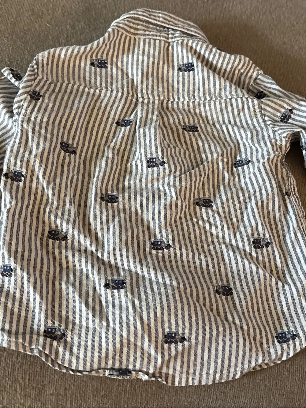 Striped Blue & White Button-Up Shirt with Navy Train Embroidery